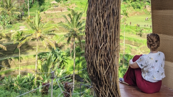 Melanie sits with knees to chest inside a nest-type suspended seat overlooking a rice field in Bali.